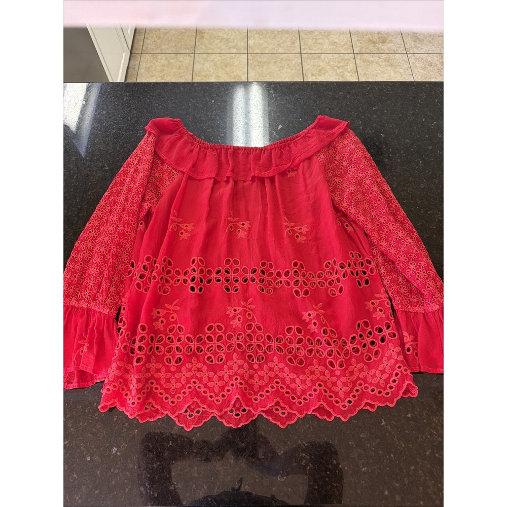 Johnny Was Red Blouse Eyelet Embroidered Elastic Sleeve Ruffled S Off Shoulder
